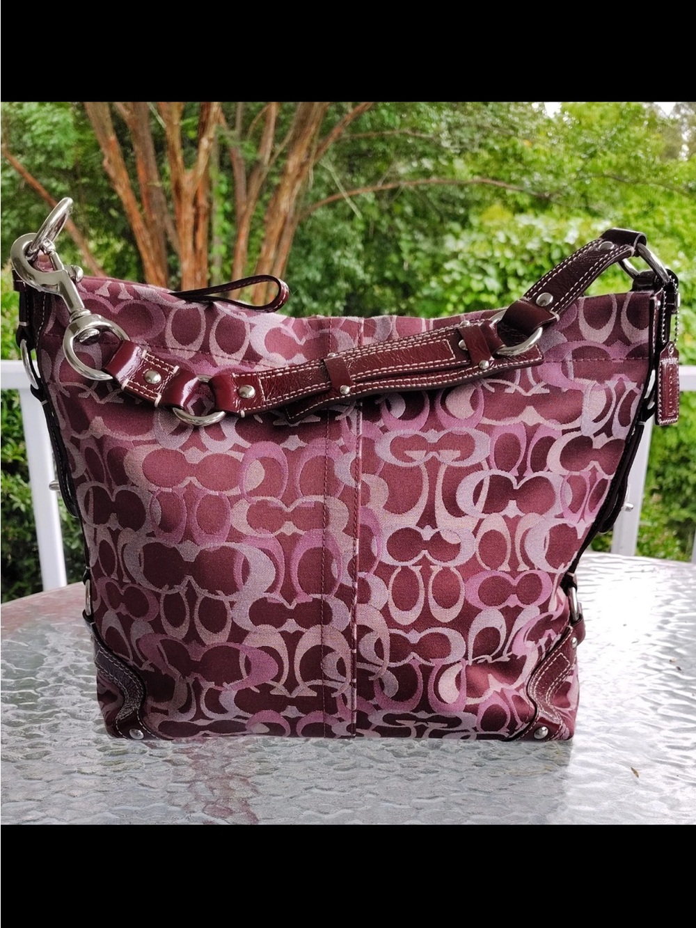 Coach Plum Signature Canvas Shoulder Bag with Leather Trim